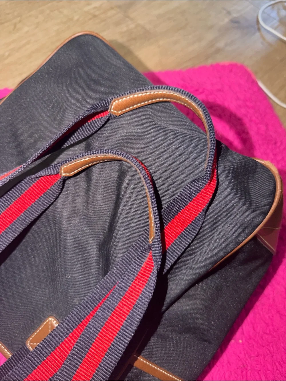 Tommy Hilfiger Black Canvas Backpack Tote with Brown Trim and Red Stripe